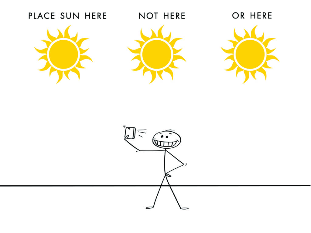 Stick figure taking selfie with sun placement