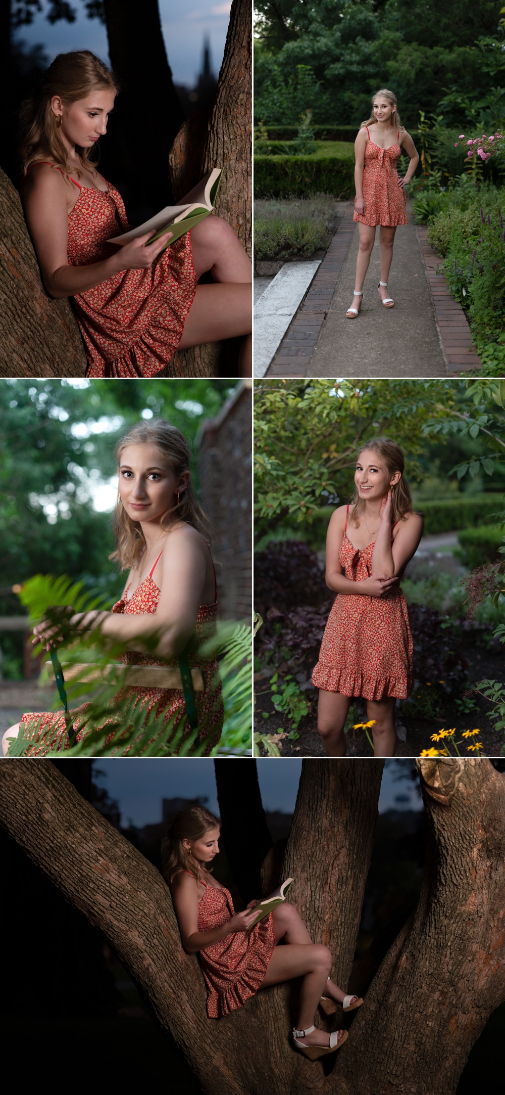 Teenage girl in red dress in park at dusk