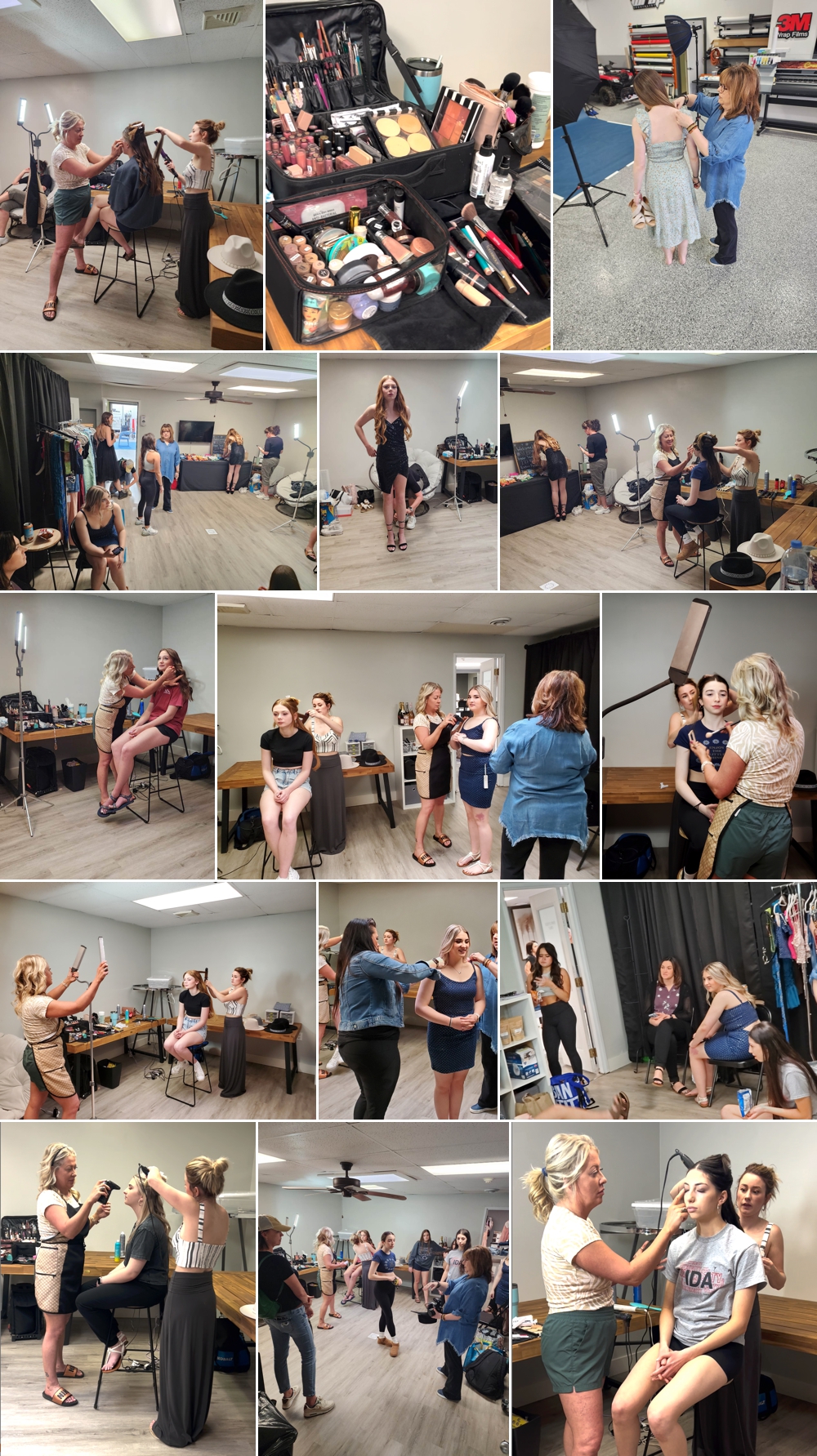 A collage of images of high school senior girls getting hair and makeup done on the set of a styled shoot for a local boutique.