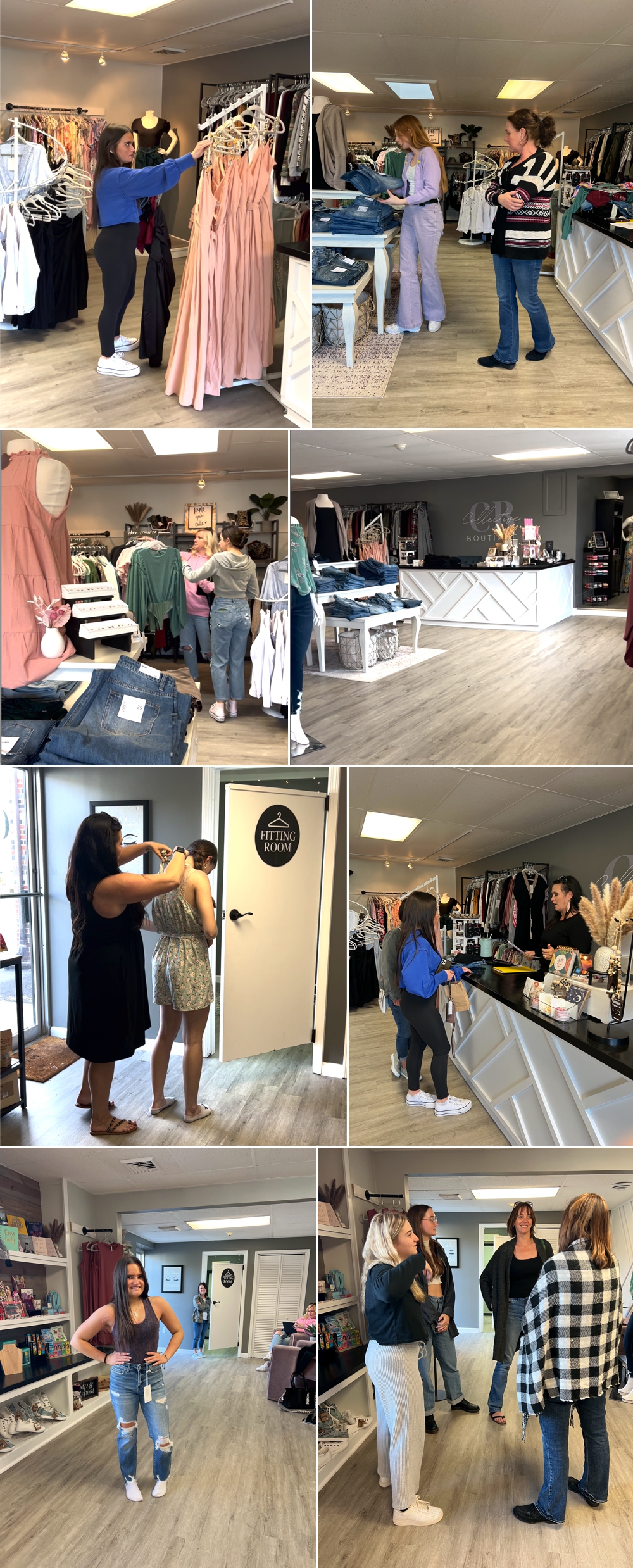 A collage of images of teen girls shopping at a local women's clothing boutique for a senior photography team branded shoot.