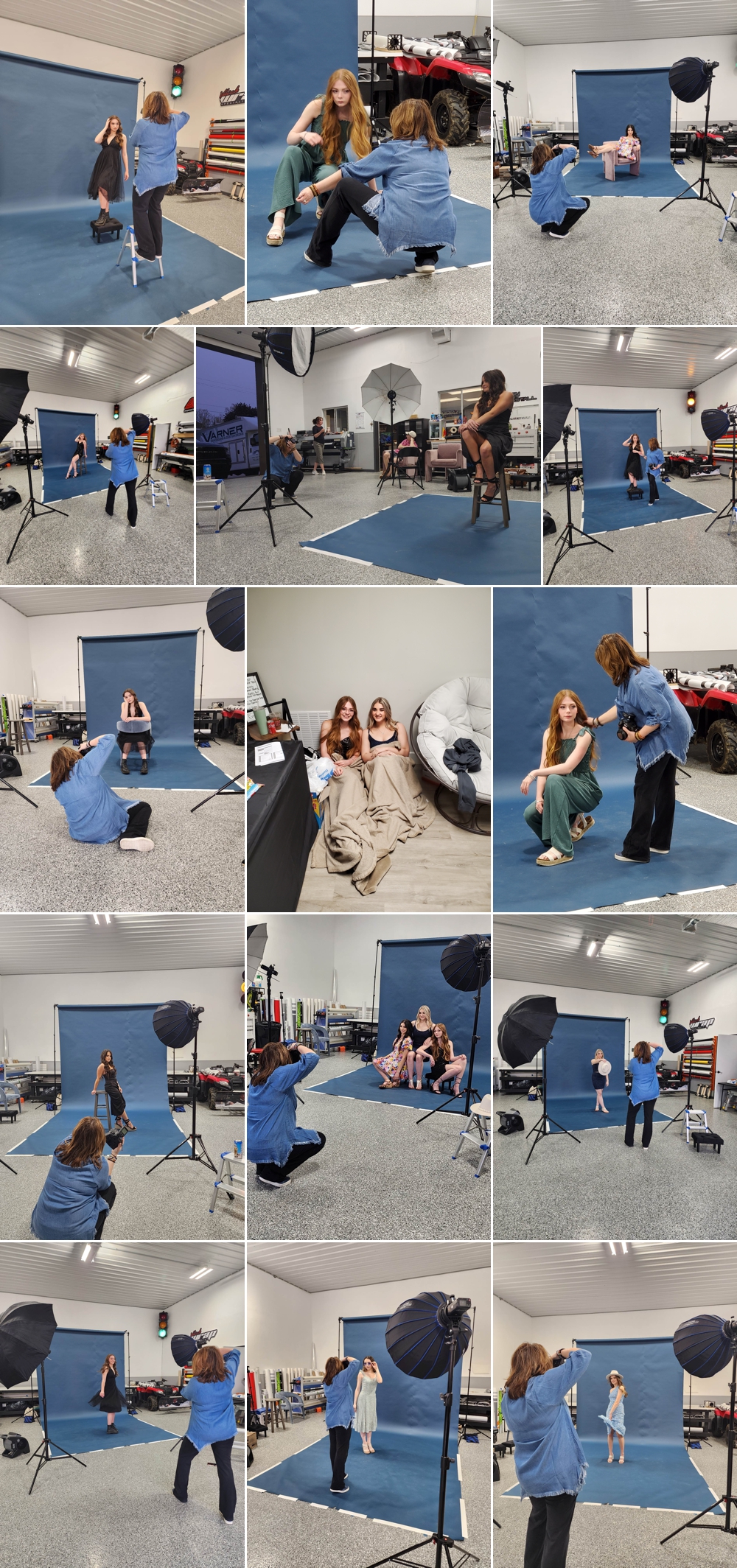 Behind-the-scenes photos of a high school senior photography team branded shoot.