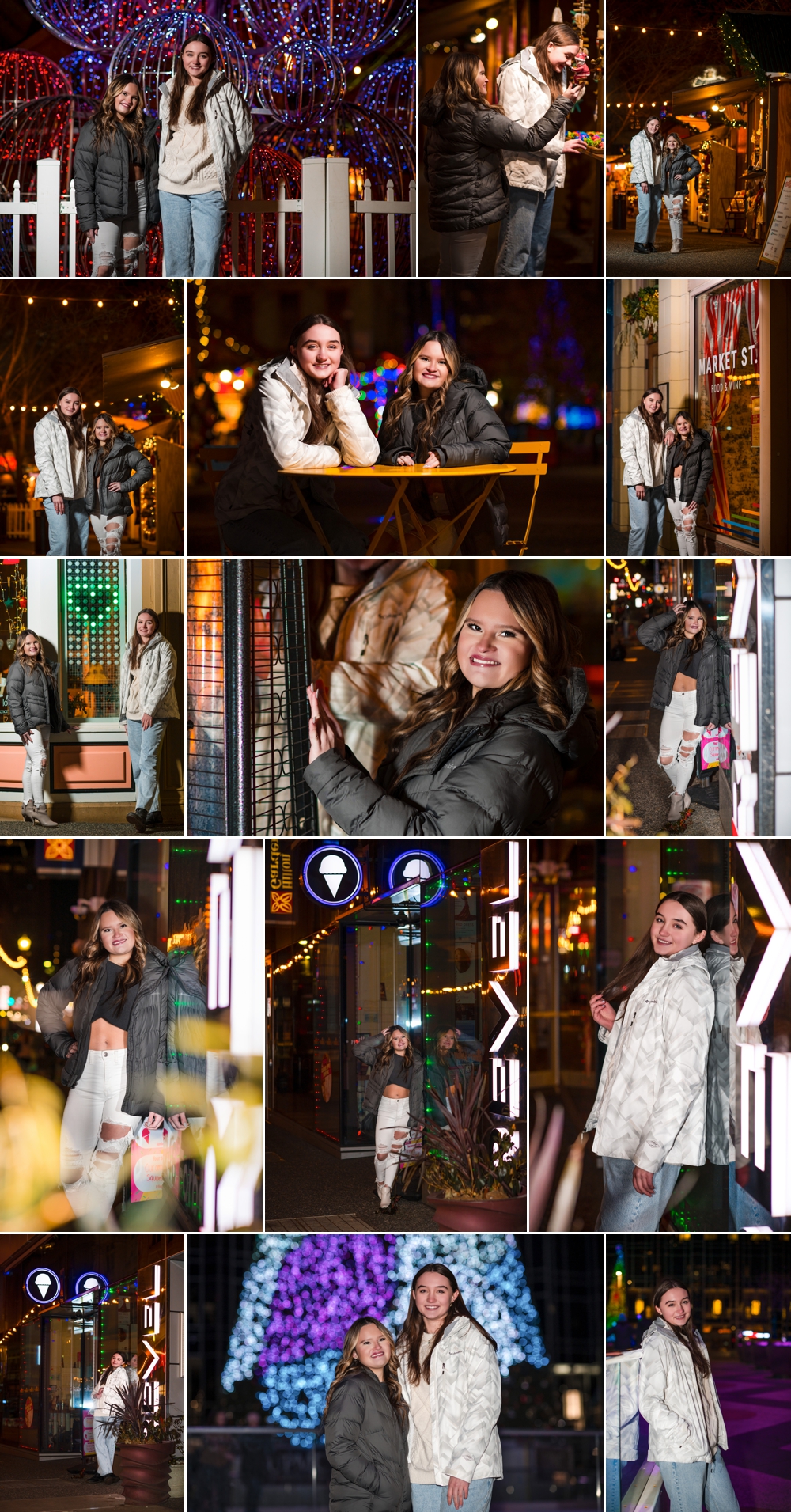 Images of two teen girls in Market Square & PPG Plaza at night during the holidays.